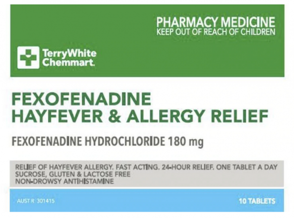 TerryWhite Chemmart Fexofenadine 180mg Hayfever & Allergy Relief Tablets (Pack of 10)