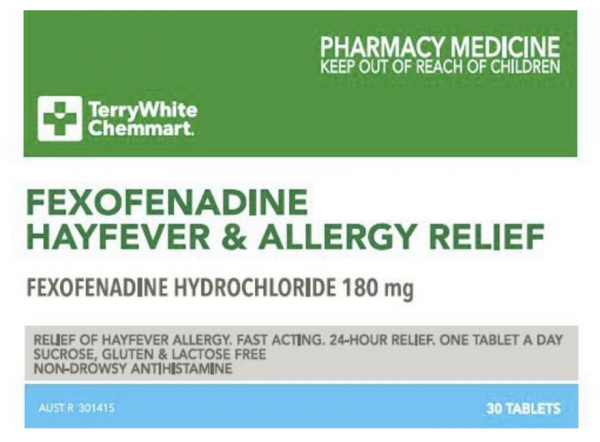 TerryWhite Chemmart Fexofenadine 180mg Hayfever & Allergy Relief Tablets (Pack of 30)