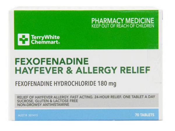 TerryWhite Chemmart Fexofenadine 180mg Hayfever & Allergy Relief Tablets (Pack of 70)