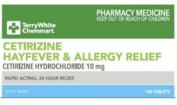 TerryWhite Chemmart Cetirizine 10mg Hayfever & Allergy Relief Tablets (Box of 100)