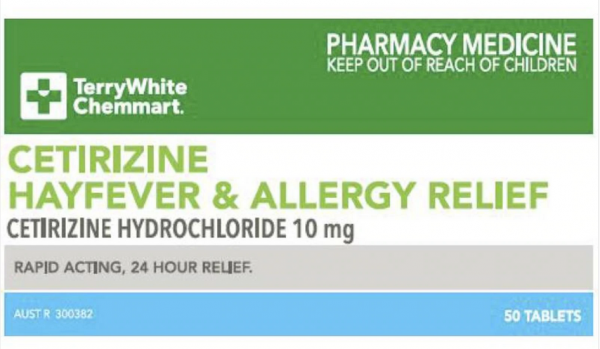 TerryWhite Chemmart Cetirizine 10mg Hayfever & Allergy Relief Tablets (Box of 50)