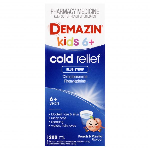 Demazin Cold Relief Blue Syrup 6+ Years Peach & Vanilla Flavour 200ml