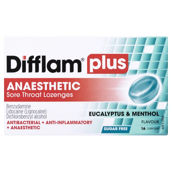 Difflam Plus Anaesthetic Sore Throat Lozenges Menthol & Eucalyptus Flavour Sugar Free (Pack of 16) 
