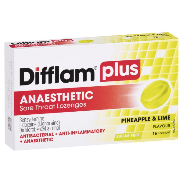 Difflam Plus Anaesthetic Sore Throat Lozenges Pineapple & Lime Flavour Sugar Free (Pack of 16)
