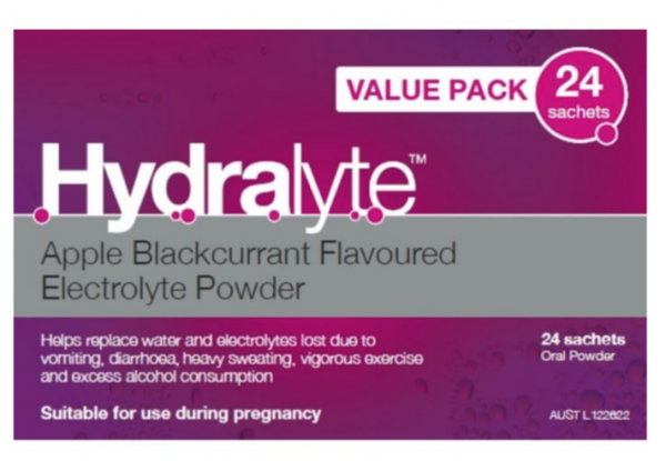 Hydralyte Electrolyte Replacement Powder Apple/Blackcurrant Value Pack 24 sachets