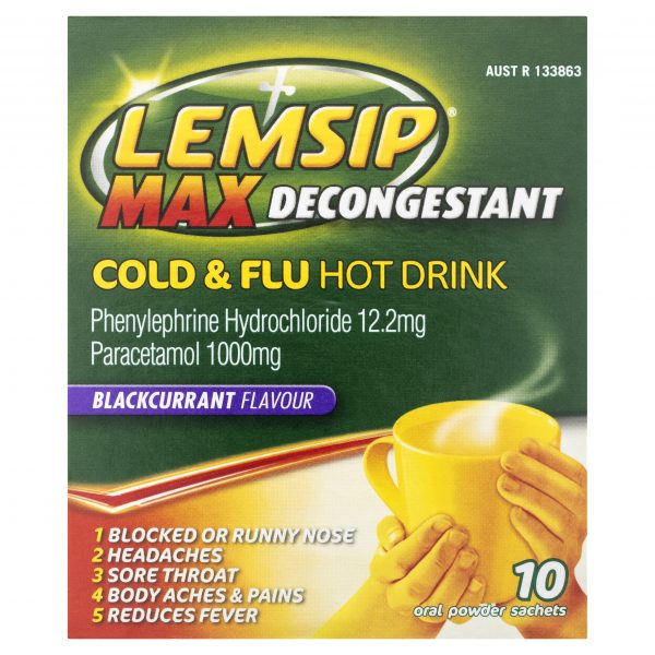 Lemsip Max Decongestant Cold & Flu Hot Drink Blackcurrant Flavour (Pack of 10 sachets)