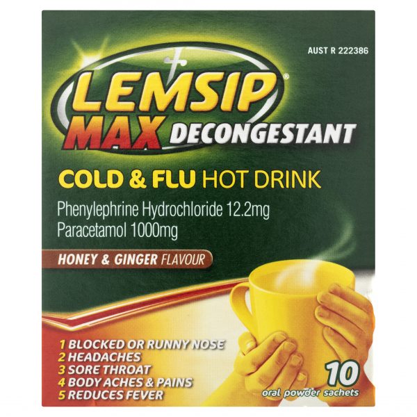 Lemsip Max Decongestant Cold & Flu Hot Drink Honey & Ginger Flavour (Pack of 10 sachets)