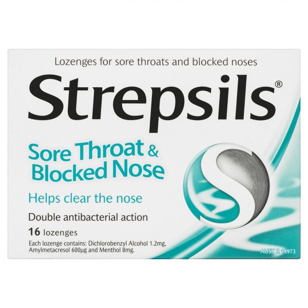Strepsils Double Action Antibacterial Sore Throat & Blocked Nose Lozenges Eucalyptus & Menthol Flavour (Pack of 16)