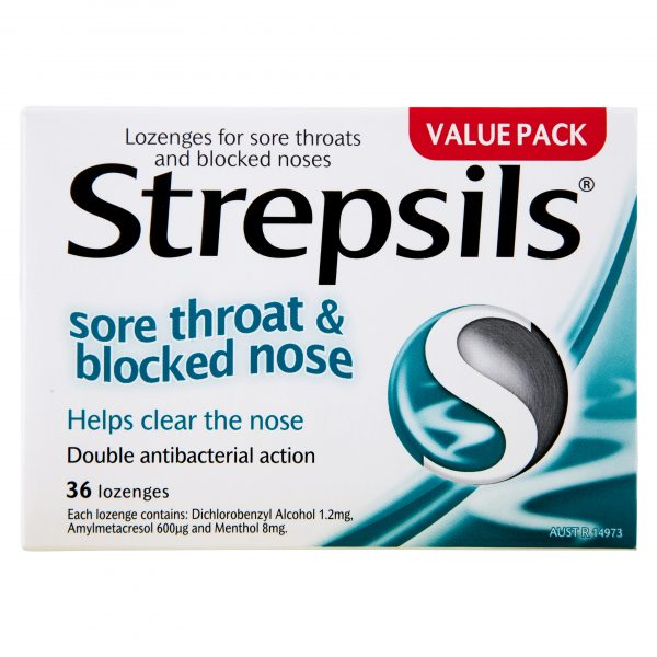 Strepsils Double Action Antibacterial Sore Throat & Blocked Nose Lozenges Eucalyptus & Menthol Flavour (Pack of 36)