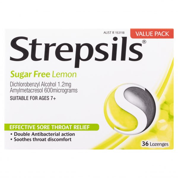 Strepsils Double Action Antibacterial Sore Throat Lozenges Sugar-Free Lemon Flavour (Pack of 36)